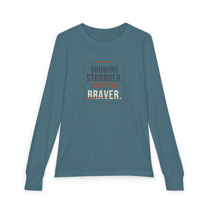 "Growing Stronger, Stepping Braver" Youth Long Sleeve Tee — Throwback Endurance Poster | Uplifted By Design™ Cerebral Palsy & Adaptive Movement Shirt