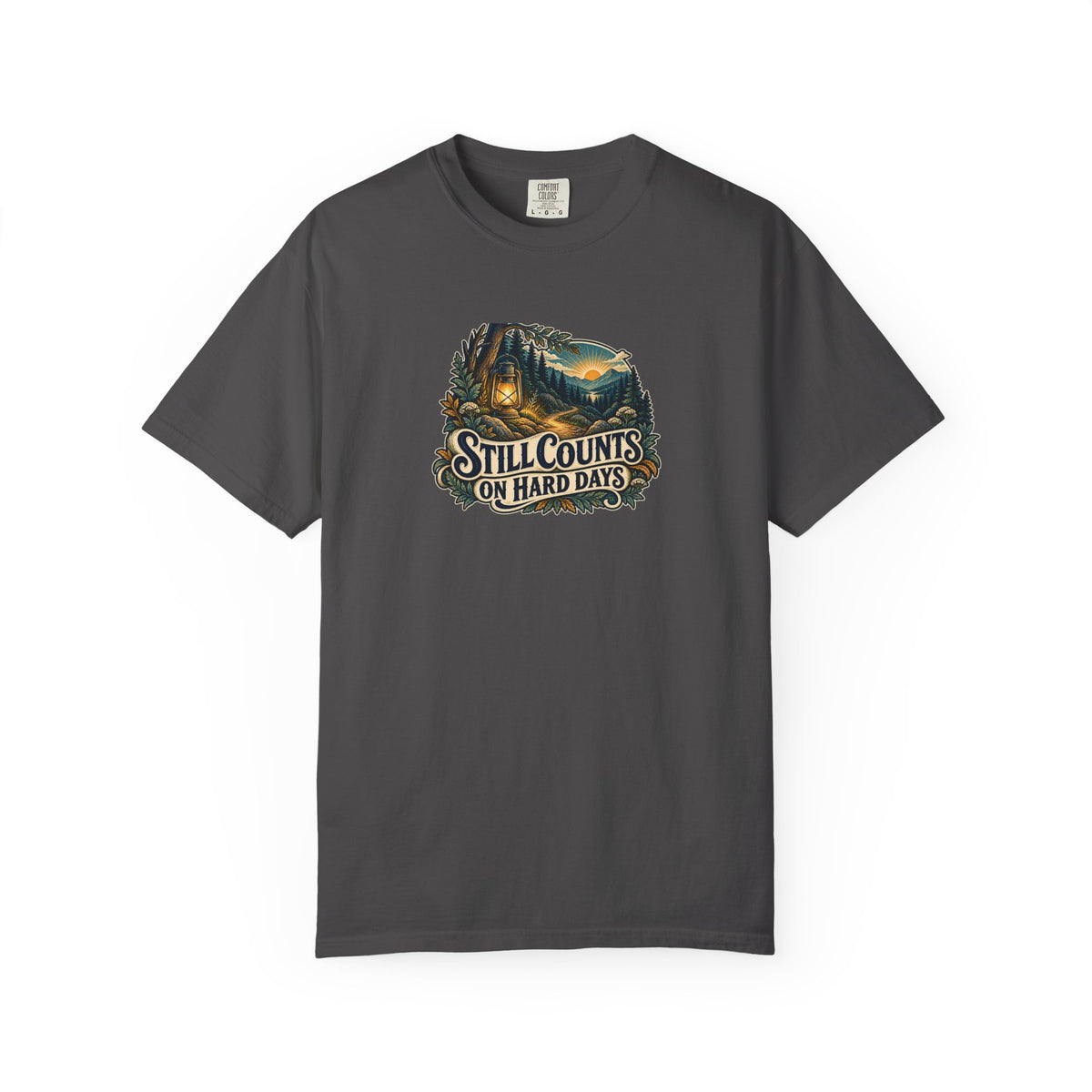 "Still Counts on Hard Days" Illustrated Edition Unisex T-Shirt — Vintage Lantern & Winding Forest Path | Uplifted By Design™ Mental Health & Emotional Wellbeing Tee