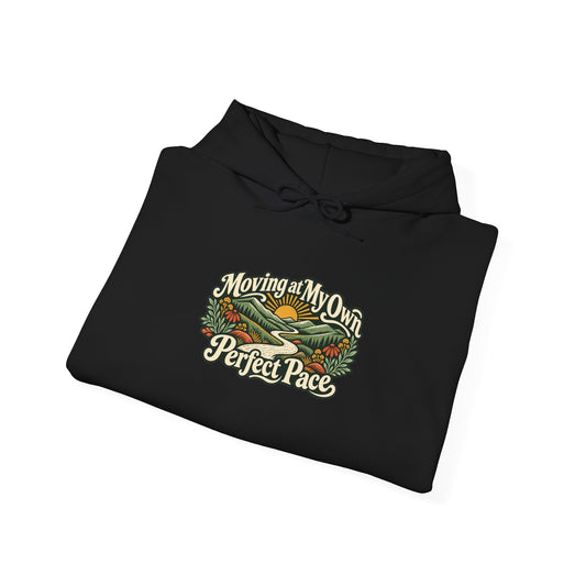 "Moving at My Own Perfect Pace" Unisex Hoodie — Vintage Winding-Path Graphic | Uplifted By Design™ Cerebral Palsy & Adaptive Movement Hoodie