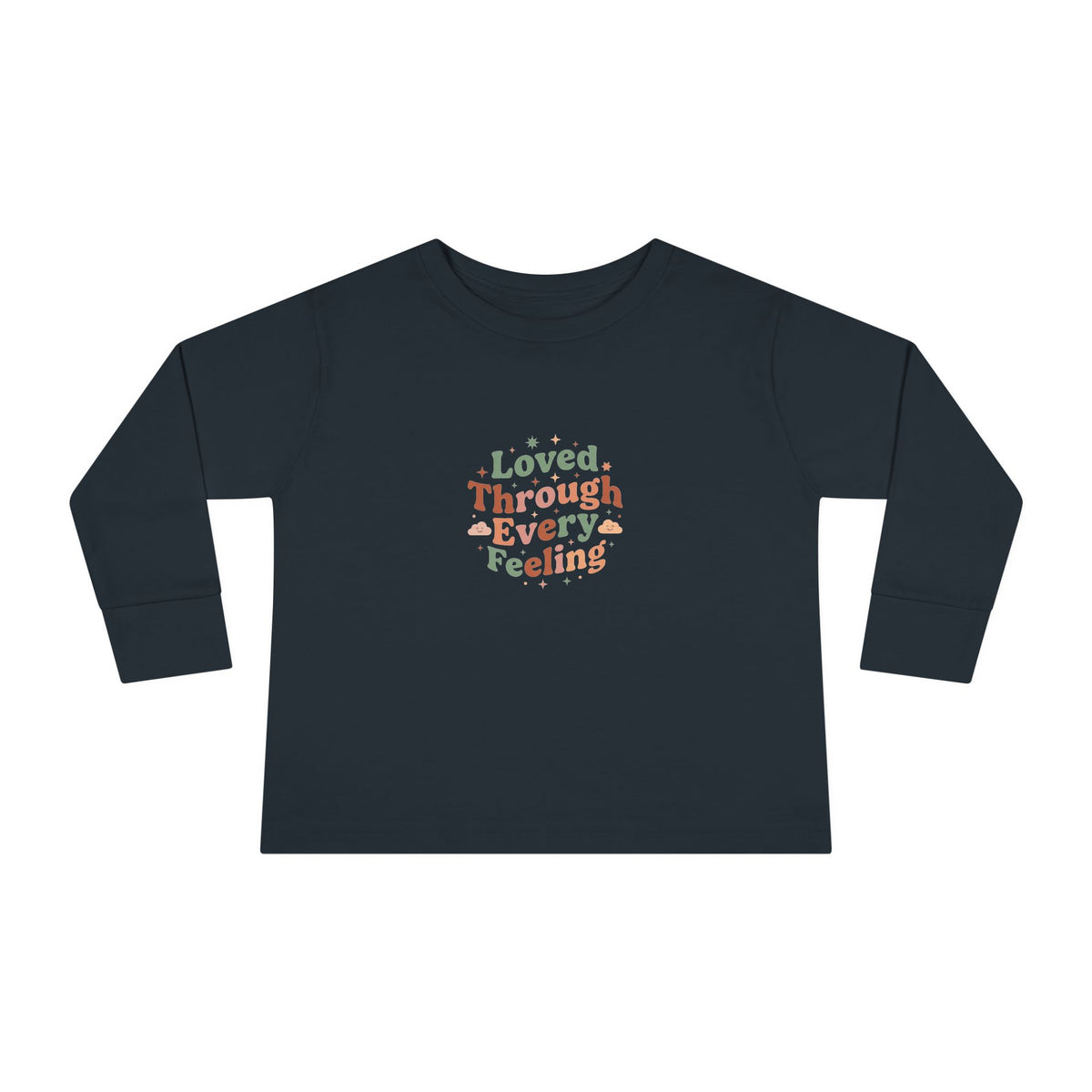 "Loved Through Every Feeling" Toddler Long Sleeve Tee — Groovy Sparkle Lettering | Uplifted By Design™ Inspirational Kids Shirt