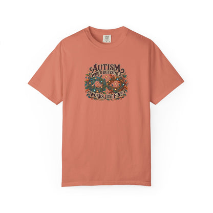 "Wired Differently Works Just Fine" Illustrated Edition Unisex T-Shirt — Botanical Circuit Infinity Graphic | Uplifted By Design™ Autism Acceptance & Neurodiversity Tee