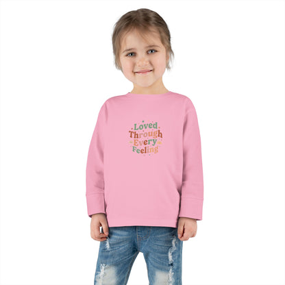 "Loved Through Every Feeling" Toddler Long Sleeve Tee — Groovy Sparkle Lettering | Uplifted By Design™ Inspirational Kids Shirt