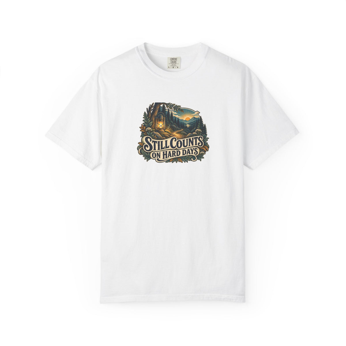 "Still Counts on Hard Days" Illustrated Edition Unisex T-Shirt — Vintage Lantern & Winding Forest Path | Uplifted By Design™ Mental Health & Emotional Wellbeing Tee