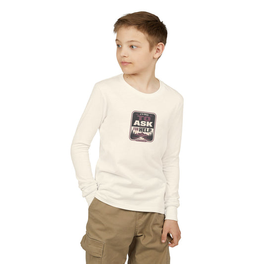 "It's Okay to Ask for Help" Youth Long Sleeve Tee — Outdoor Emblem | Uplifted By Design™ Inspirational Kids Shirt