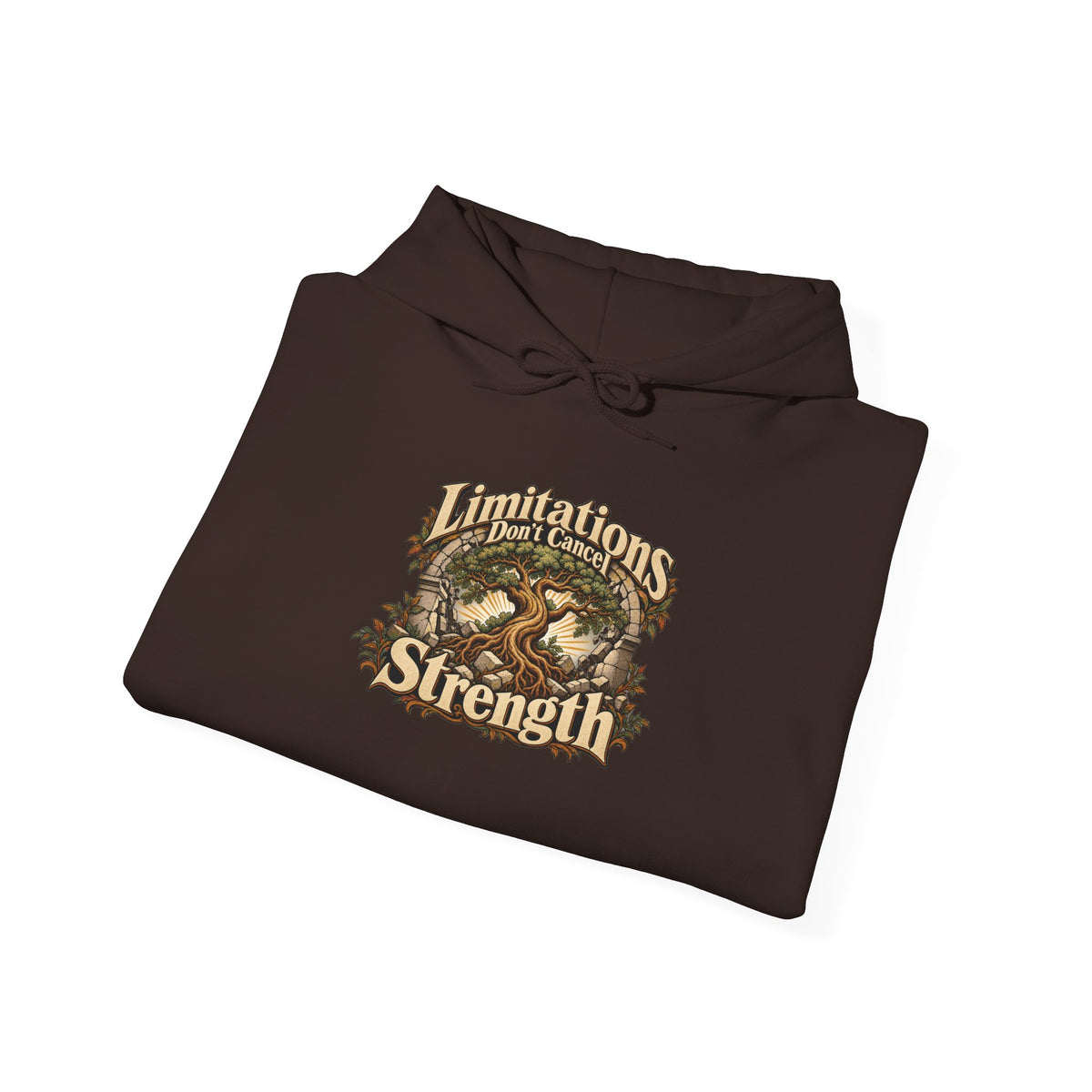 "Limitations Don’t Cancel Strength" Unisex Hoodie — Resilient Tree & Broken-Arch Graphic | Uplifted By Design™ Cerebral Palsy & Adaptive Movement Hoodie