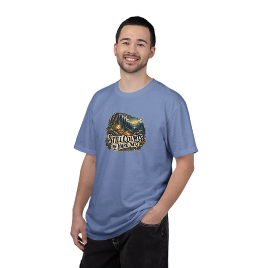 "Still Counts on Hard Days" Illustrated Edition Unisex T-Shirt — Vintage Lantern & Winding Forest Path | Uplifted By Design™ Mental Health & Emotional Wellbeing Tee