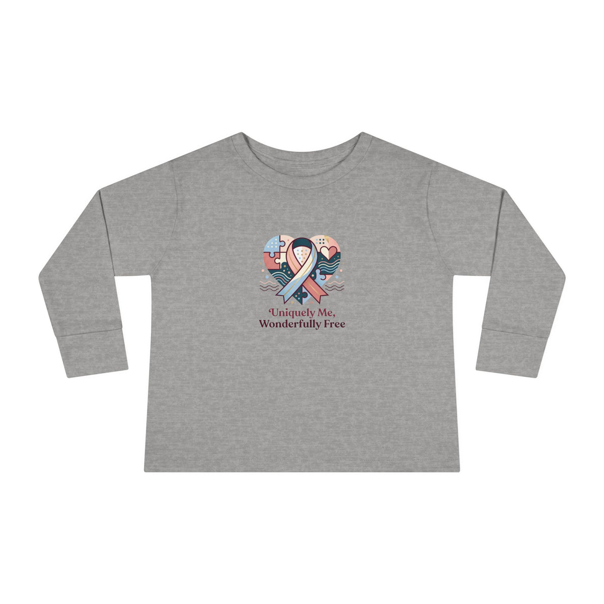 "Uniquely Me, Wonderfully Free" Toddler Long Sleeve Tee — Puzzle Heart Ribbon | Uplifted By Design™ Autism Acceptance & Sensory Pride Shirt