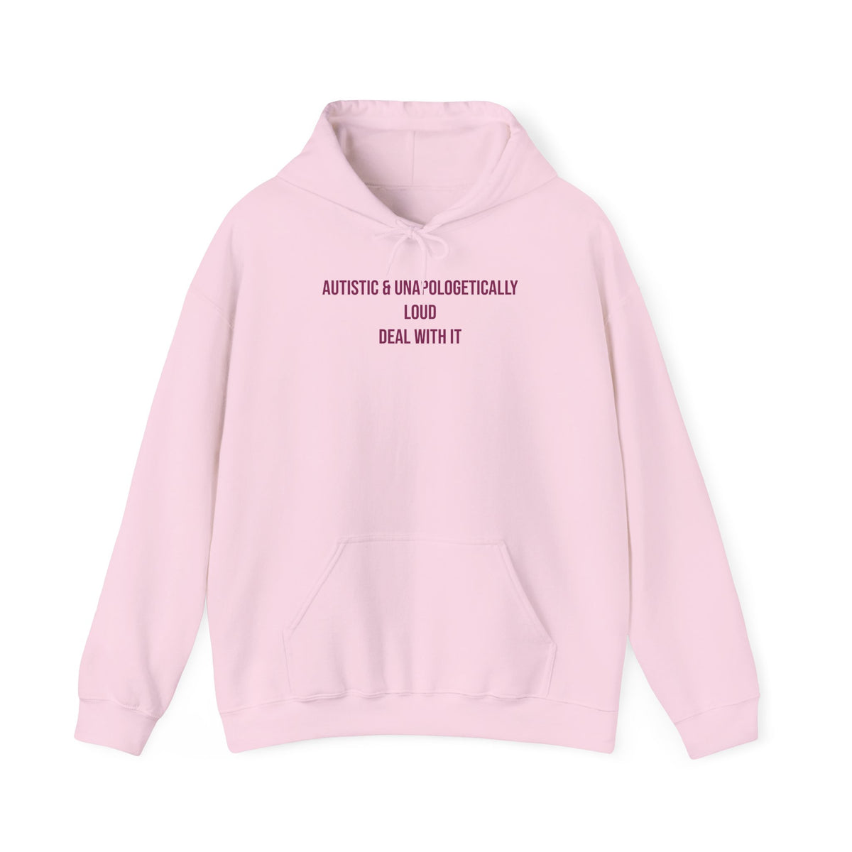 "Autistic & Unapologetically Loud — Deal With It" Unisex Hoodie — Stacked Plum Lettering | Uplifted By Design™ Autism Acceptance & Sensory Pride Hoodie