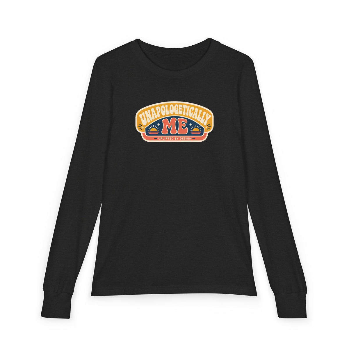 "Unapologetically Me" Youth Long Sleeve Tee — Retro Banner Crest | Uplifted By Design™ Autism Acceptance & Sensory Pride Shirt