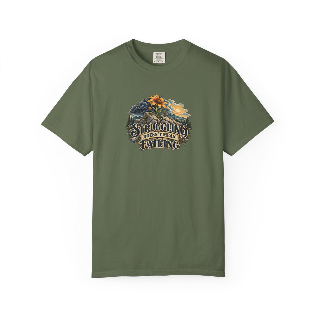 "Struggling Doesn't Mean Failing" Illustrated Edition Unisex T-Shirt — Vintage Wildflower & Clearing-Storm Illustration | Uplifted By Design™ Mental Health & Emotional Wellbeing Tee
