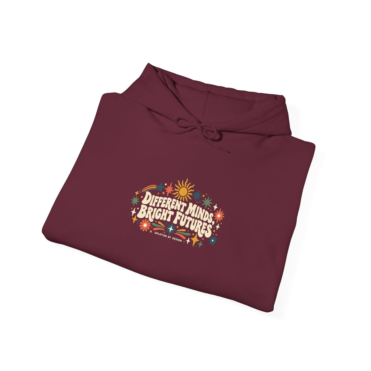 "Different Minds, Bright Futures" Unisex Hoodie — Colorful Star Graphic | Uplifted By Design™ Autism Acceptance & Sensory Pride Hoodie