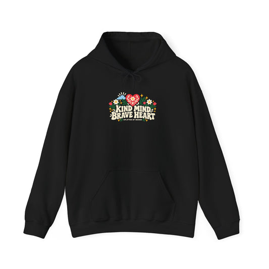 "Kind Mind, Brave Heart" Unisex Hoodie — Floral Heart Graphic | Uplifted By Design™ Mental Health & Emotional Wellbeing Hoodie
