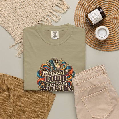 "Professionally Loud Intentionally Autistic" Illustrated Edition Unisex T-Shirt — Vintage Microphone & Sound Ribbons | Uplifted By Design™ Autism Acceptance & Sensory Pride Tee