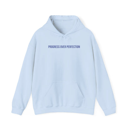 "Progress Over Perfection" Unisex Hoodie — Minimal Blue Statement | Uplifted By Design™ Mental Health & Emotional Wellbeing Hoodie