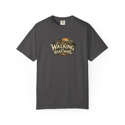 "Walking on Hard Mode" Illustrated Edition Unisex T-Shirt — Vintage Trail & Sunrise Graphic | Uplifted By Design™ Cerebral Palsy & Adaptive Movement Tee