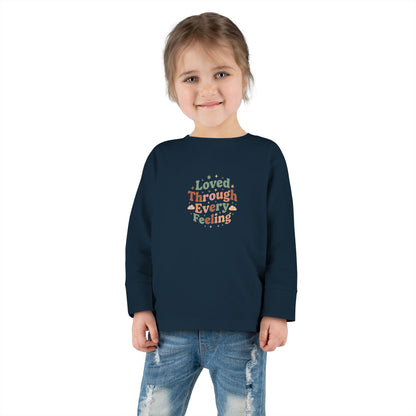 "Loved Through Every Feeling" Toddler Long Sleeve Tee — Groovy Sparkle Lettering | Uplifted By Design™ Inspirational Kids Shirt