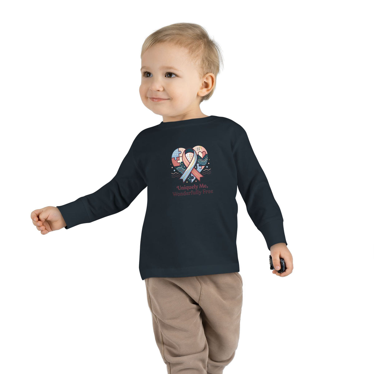 "Uniquely Me, Wonderfully Free" Toddler Long Sleeve Tee — Puzzle Heart Ribbon | Uplifted By Design™ Autism Acceptance & Sensory Pride Shirt