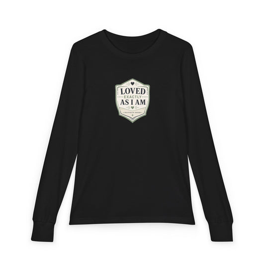 "Loved Exactly As I Am" Youth Long Sleeve Tee — Retro Banner Crest | Uplifted By Design™ Autism Acceptance & Sensory Pride Shirt