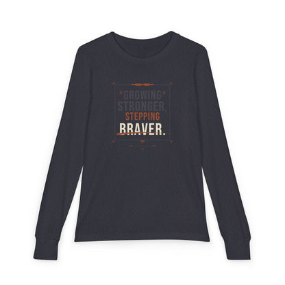 "Growing Stronger, Stepping Braver" Youth Long Sleeve Tee — Throwback Endurance Poster | Uplifted By Design™ Cerebral Palsy & Adaptive Movement Shirt