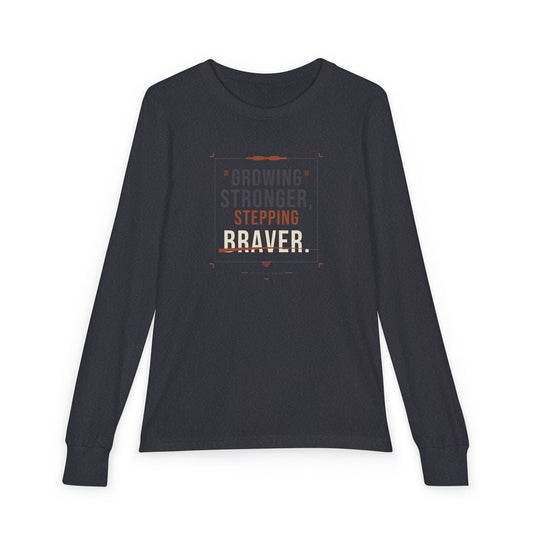 "Growing Stronger, Stepping Braver" Youth Long Sleeve Tee — Throwback Endurance Poster | Uplifted By Design™ Cerebral Palsy & Adaptive Movement Shirt
