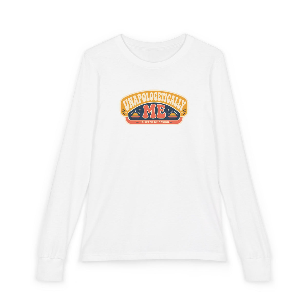 "Unapologetically Me" Youth Long Sleeve Tee — Retro Banner Crest | Uplifted By Design™ Autism Acceptance & Sensory Pride Shirt