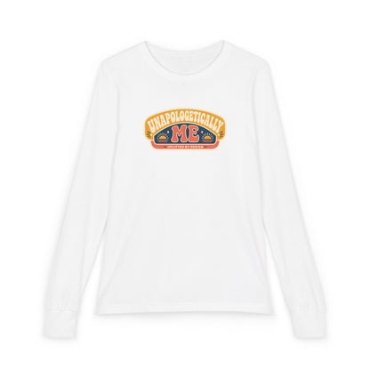 "Unapologetically Me" Youth Long Sleeve Tee — Retro Banner Crest | Uplifted By Design™ Autism Acceptance & Sensory Pride Shirt