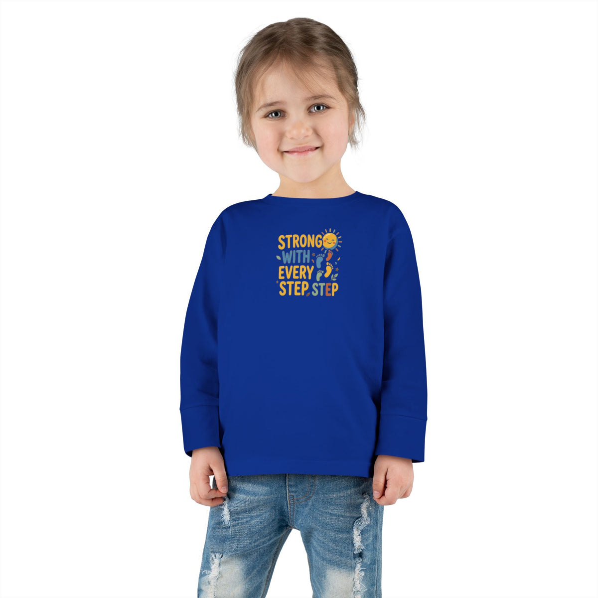 "Strong With Every Step" Toddler Long Sleeve Tee — Sunshine Design | Uplifted By Design™ Cerebral Palsy & Adaptive Movement Shirt