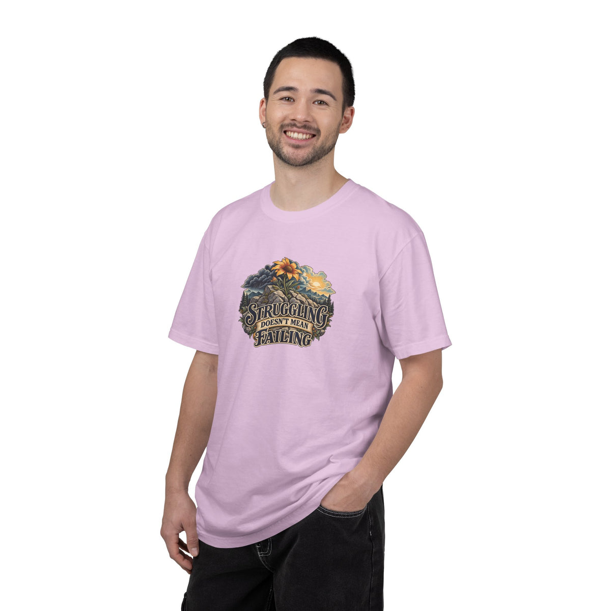 "Struggling Doesn't Mean Failing" Illustrated Edition Unisex T-Shirt — Vintage Wildflower & Clearing-Storm Illustration | Uplifted By Design™ Mental Health & Emotional Wellbeing Tee