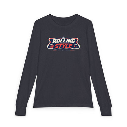 "Rolling In Style" Youth Long Sleeve Tee — Streetwear Banner Crest | Uplifted By Design™ Cerebral Palsy & Disability Pride Shirt
