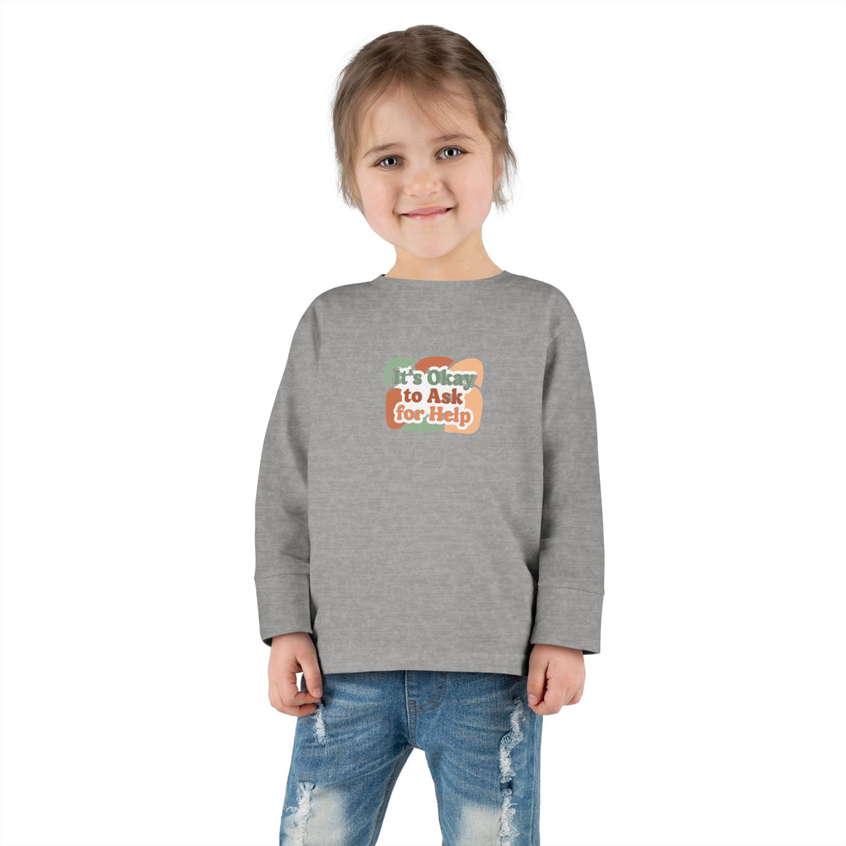 "It's Okay to Ask for Help" Toddler Long Sleeve Tee — Retro Layered Lettering | Uplifted By Design™ Inspirational Kids Shirt