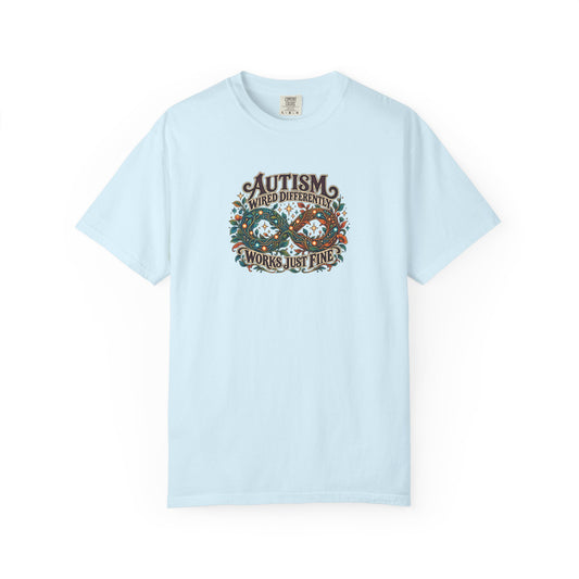 "Wired Differently Works Just Fine" Illustrated Edition Unisex T-Shirt — Botanical Circuit Infinity Graphic | Uplifted By Design™ Autism Acceptance & Neurodiversity Tee