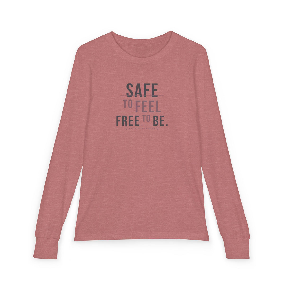 "Safe to Feel, Free to Be" Youth Long Sleeve Tee — Minimal Stacked Type | Uplifted By Design™ Autism Acceptance & Sensory Pride Shirt