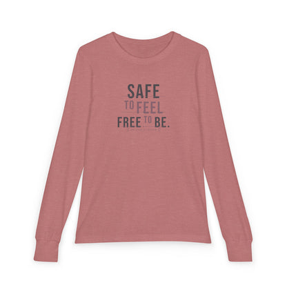 "Safe to Feel, Free to Be" Youth Long Sleeve Tee — Minimal Stacked Type | Uplifted By Design™ Autism Acceptance & Sensory Pride Shirt