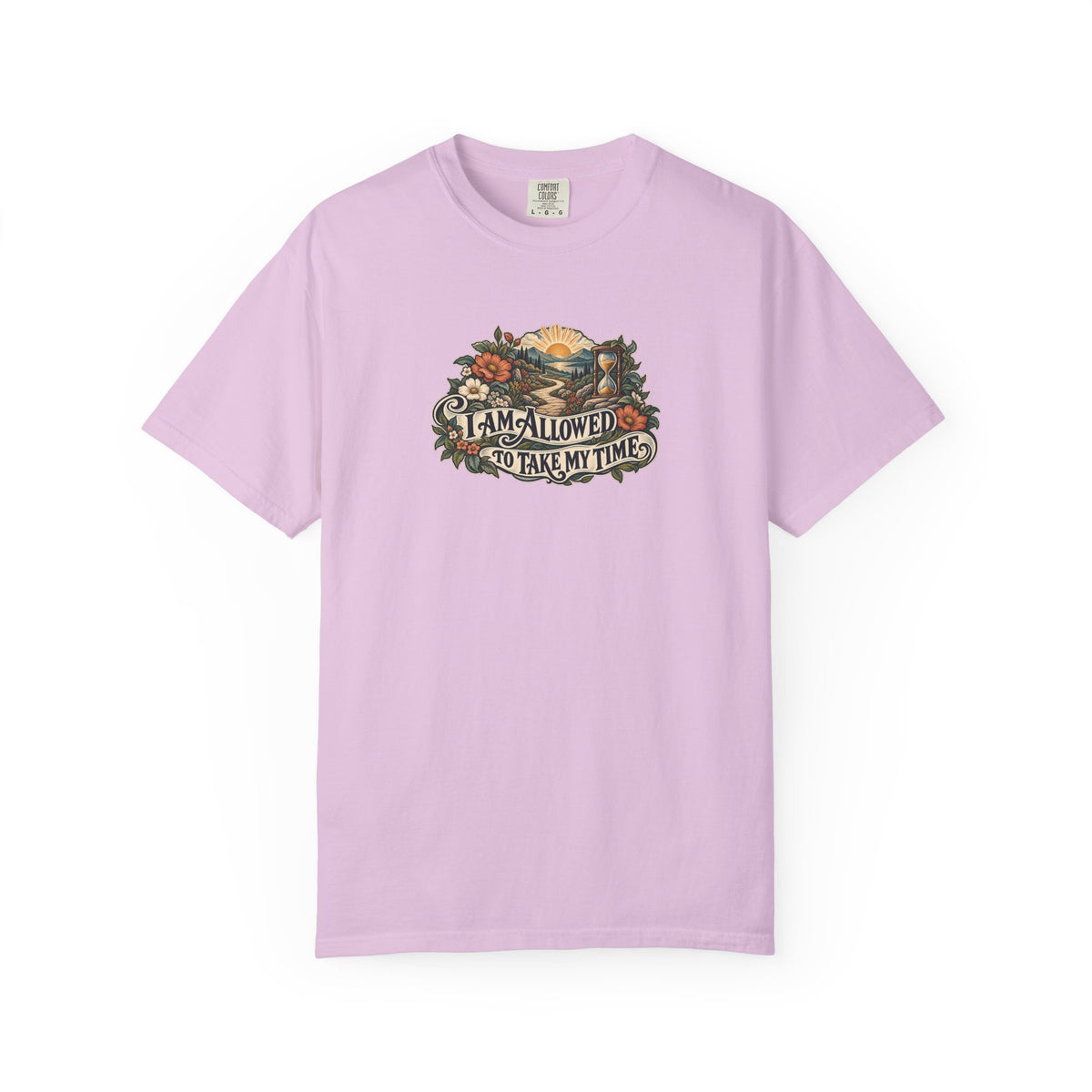 "I Am Allowed to Take My Time" Illustrated Edition Unisex T-Shirt — Vintage Garden Path & Hourglass | Uplifted By Design™ Mental Health & Emotional Wellbeing Tee