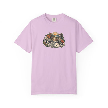 "I Am Allowed to Take My Time" Illustrated Edition Unisex T-Shirt — Vintage Garden Path & Hourglass | Uplifted By Design™ Mental Health & Emotional Wellbeing Tee