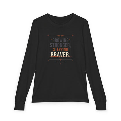 "Growing Stronger, Stepping Braver" Youth Long Sleeve Tee — Throwback Endurance Poster | Uplifted By Design™ Cerebral Palsy & Adaptive Movement Shirt