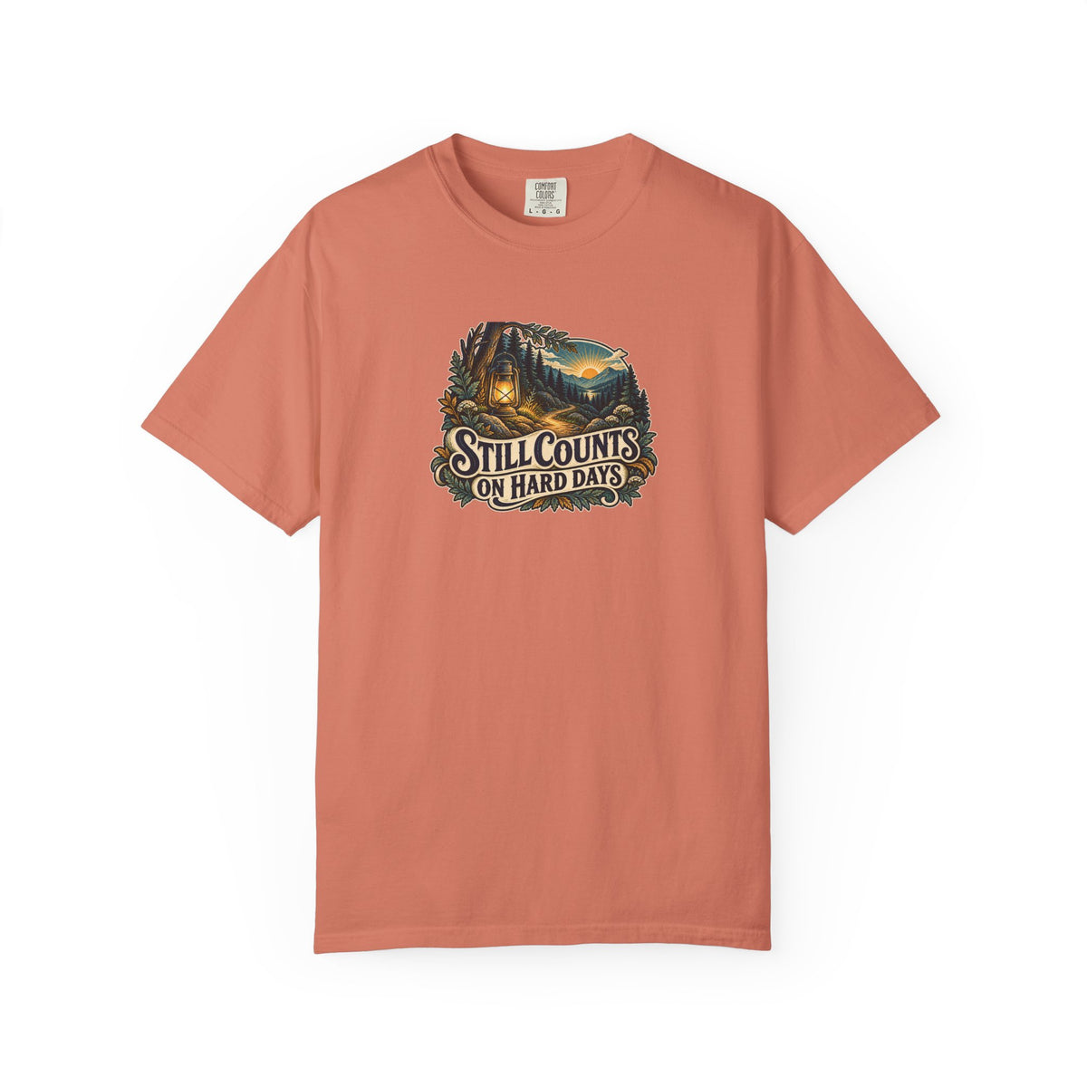 "Still Counts on Hard Days" Illustrated Edition Unisex T-Shirt — Vintage Lantern & Winding Forest Path | Uplifted By Design™ Mental Health & Emotional Wellbeing Tee