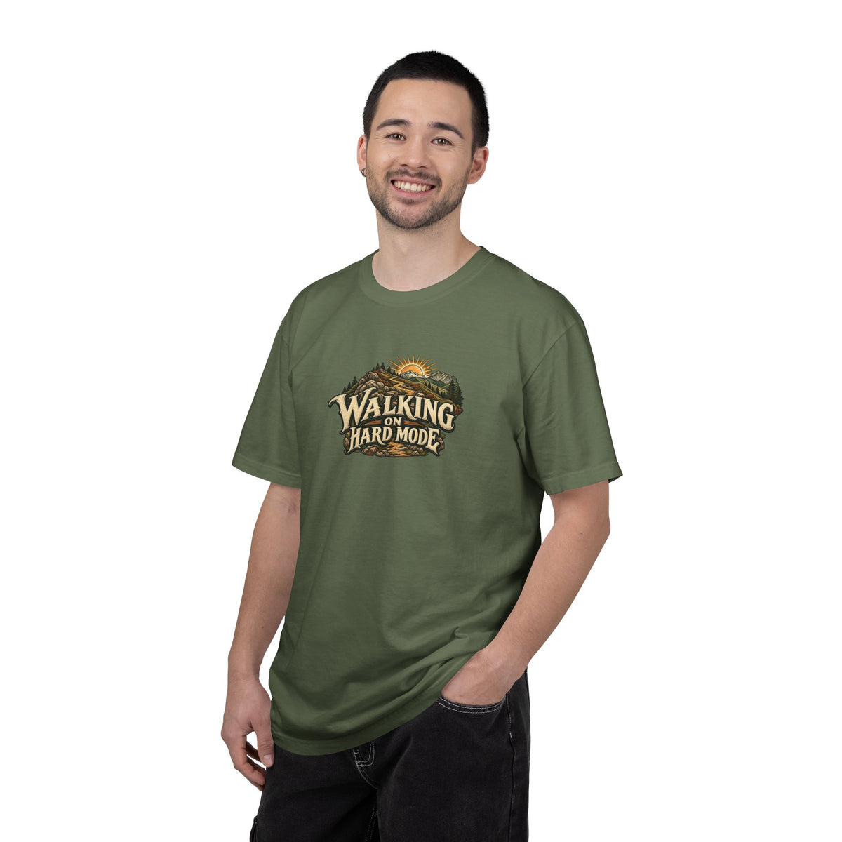 "Walking on Hard Mode" Illustrated Edition Unisex T-Shirt — Vintage Trail & Sunrise Graphic | Uplifted By Design™ Cerebral Palsy & Adaptive Movement Tee