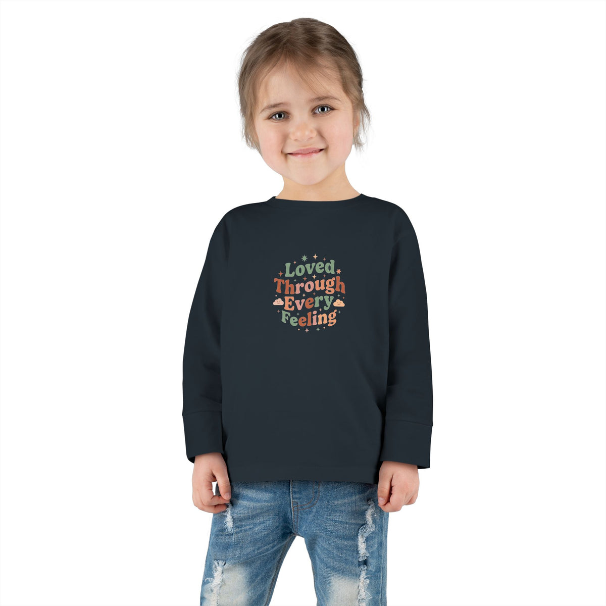 "Loved Through Every Feeling" Toddler Long Sleeve Tee — Groovy Sparkle Lettering | Uplifted By Design™ Inspirational Kids Shirt