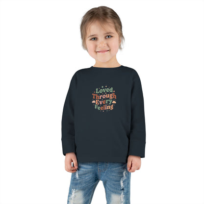 "Loved Through Every Feeling" Toddler Long Sleeve Tee — Groovy Sparkle Lettering | Uplifted By Design™ Inspirational Kids Shirt