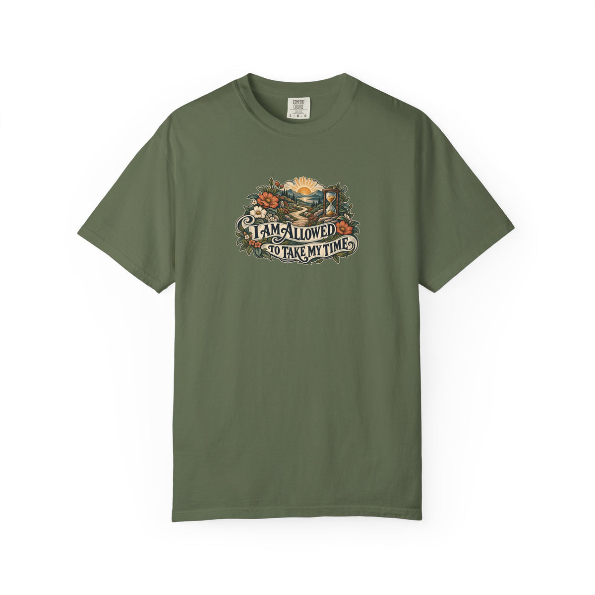 "I Am Allowed to Take My Time" Illustrated Edition Unisex T-Shirt — Vintage Garden Path & Hourglass | Uplifted By Design™ Mental Health & Emotional Wellbeing Tee