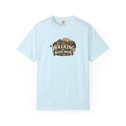 "Walking on Hard Mode" Illustrated Edition Unisex T-Shirt — Vintage Trail & Sunrise Graphic | Uplifted By Design™ Cerebral Palsy & Adaptive Movement Tee