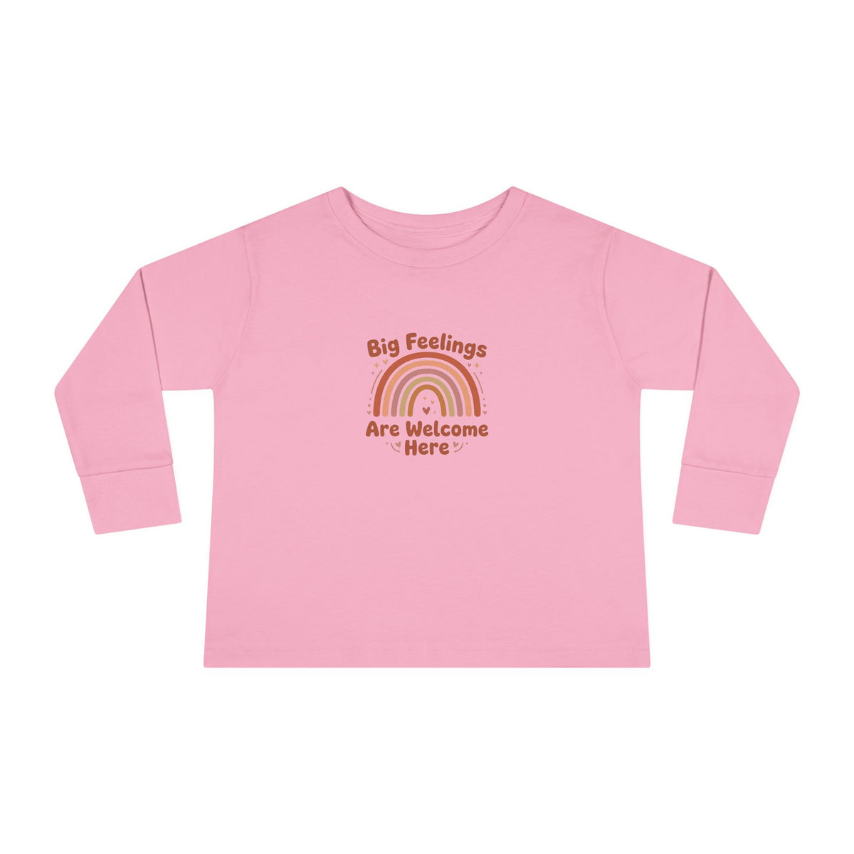 "Big Feelings Are Welcome Here" Toddler Long Sleeve Tee — Retro Feelings Rainbow | Uplifted By Design™ Inspirational Kids Shirt