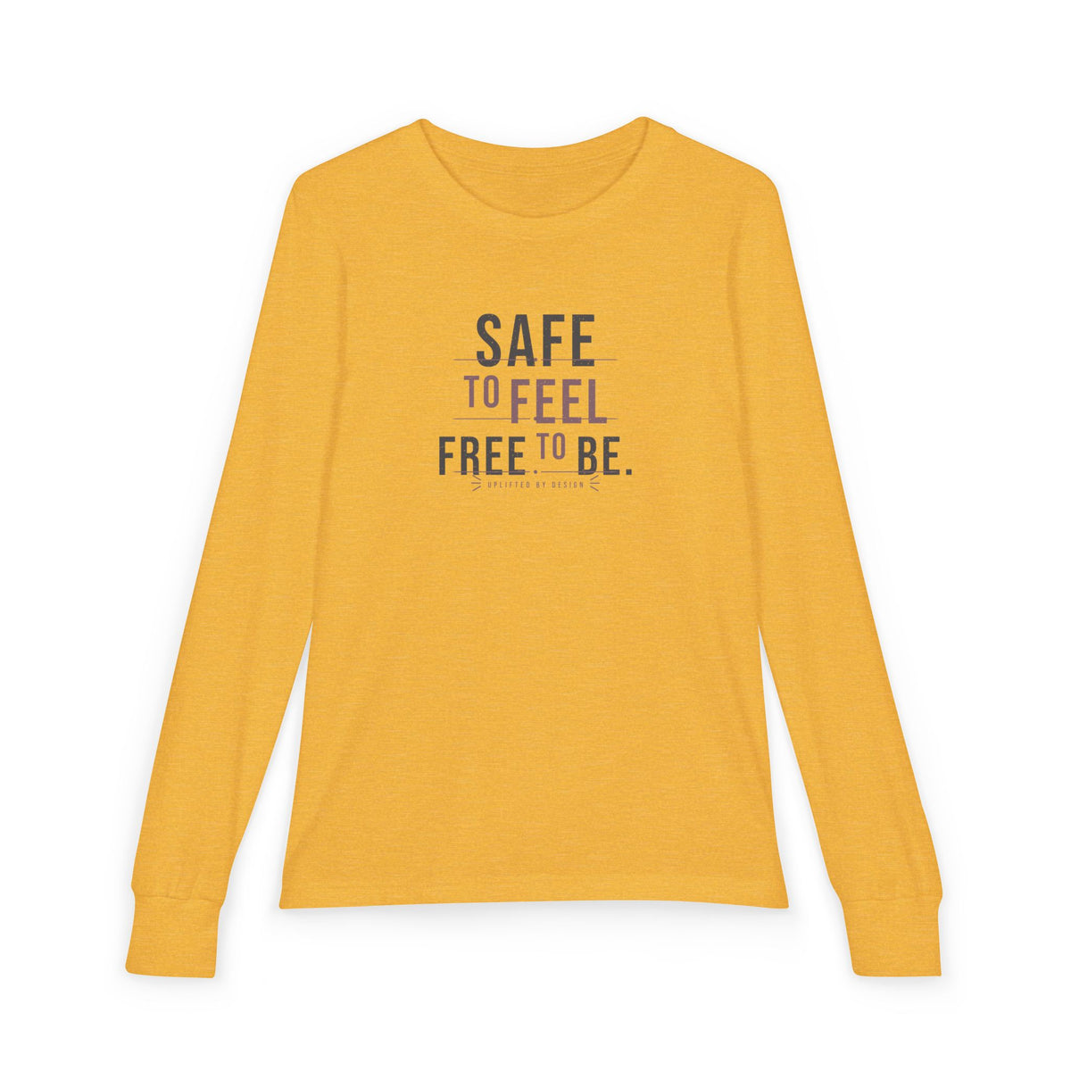 "Safe to Feel, Free to Be" Youth Long Sleeve Tee — Minimal Stacked Type | Uplifted By Design™ Autism Acceptance & Sensory Pride Shirt