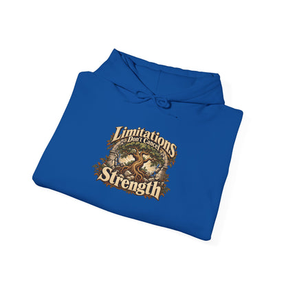 "Limitations Don’t Cancel Strength" Unisex Hoodie — Resilient Tree & Broken-Arch Graphic | Uplifted By Design™ Cerebral Palsy & Adaptive Movement Hoodie