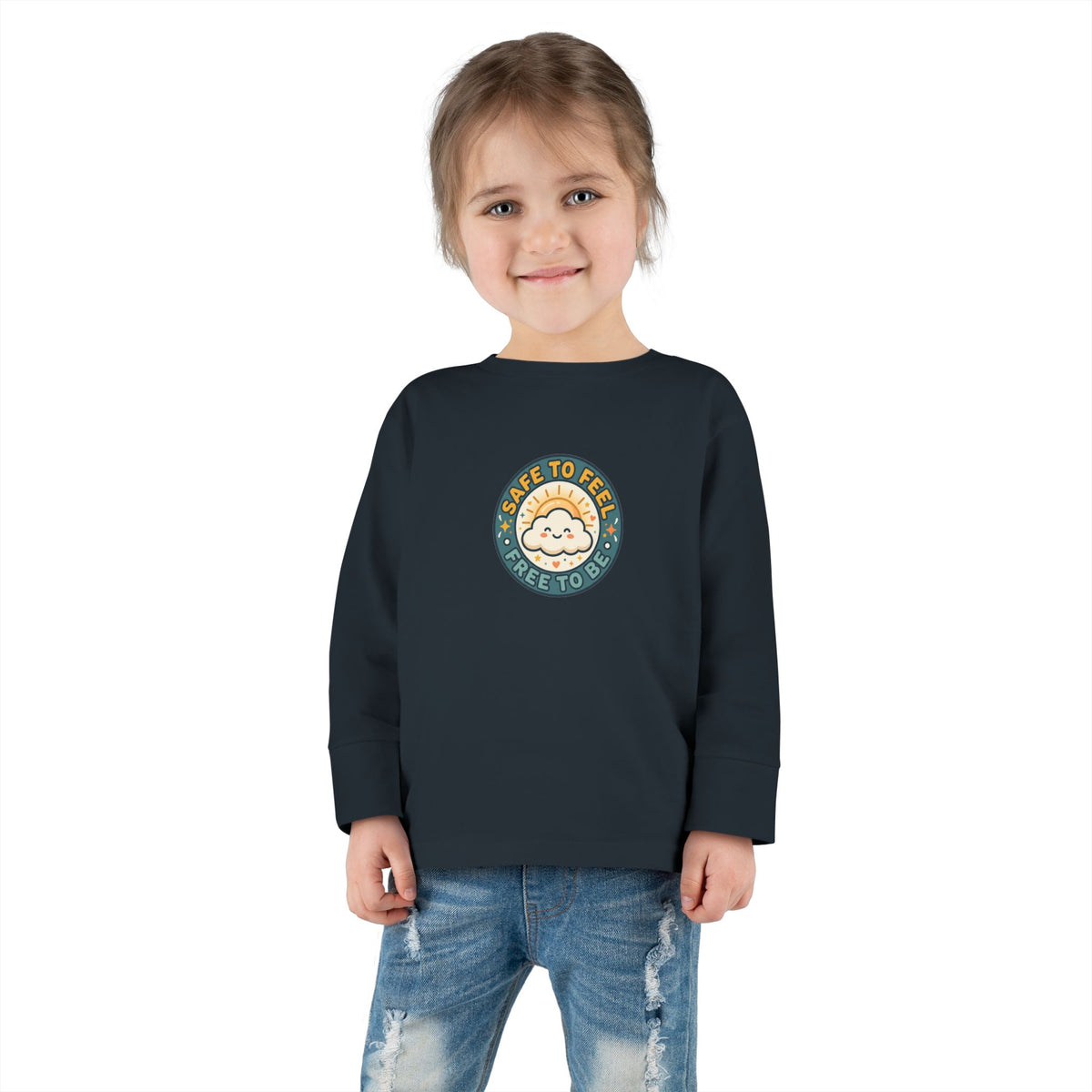 "Safe to Feel, Free to Be" Toddler Long Sleeve Tee — Cozy Cloud Emblem | Uplifted By Design™ Inspirational Kids Shirt