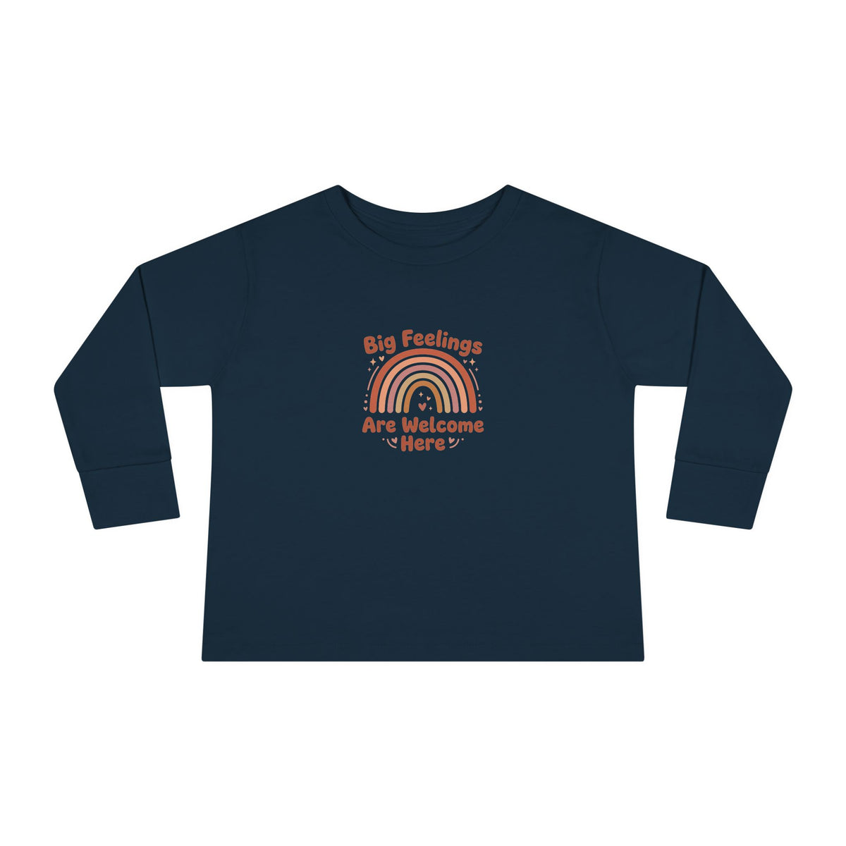"Big Feelings Are Welcome Here" Toddler Long Sleeve Tee — Retro Feelings Rainbow | Uplifted By Design™ Inspirational Kids Shirt