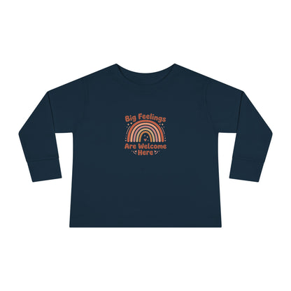"Big Feelings Are Welcome Here" Toddler Long Sleeve Tee — Retro Feelings Rainbow | Uplifted By Design™ Inspirational Kids Shirt