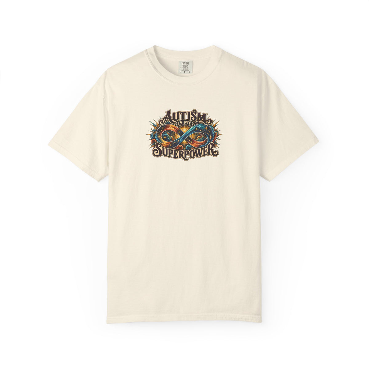 "Autism Is My Superpower" Illustrated Edition Unisex T-Shirt — Radiant Infinity & Starburst Graphic | Uplifted By Design™ Autism Acceptance & Neurodiversity Tee