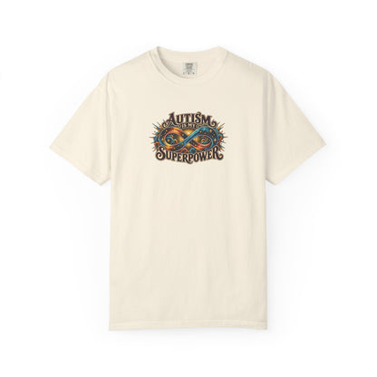 "Autism Is My Superpower" Illustrated Edition Unisex T-Shirt — Radiant Infinity & Starburst Graphic | Uplifted By Design™ Autism Acceptance & Neurodiversity Tee